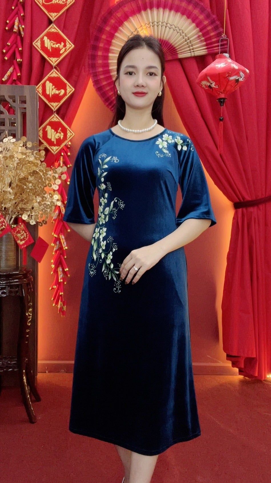 Đầm suông - Cổ tròn tay lỡ vẽ hoa - CD - Xanh vẽ hoa - TTV2029