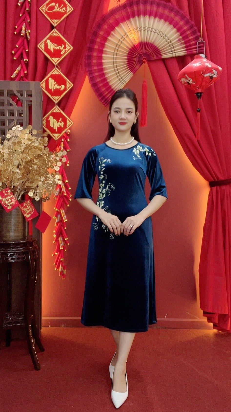 Đầm suông - Cổ tròn tay lỡ vẽ hoa - CD - Xanh vẽ hoa - TTV2029