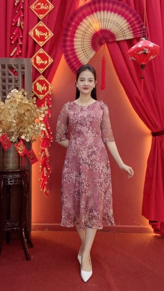 Đầm xòe - Cổ tròn tay lỡ kết ngọc - CV - Hồng ruốc hoa - TTV2030
