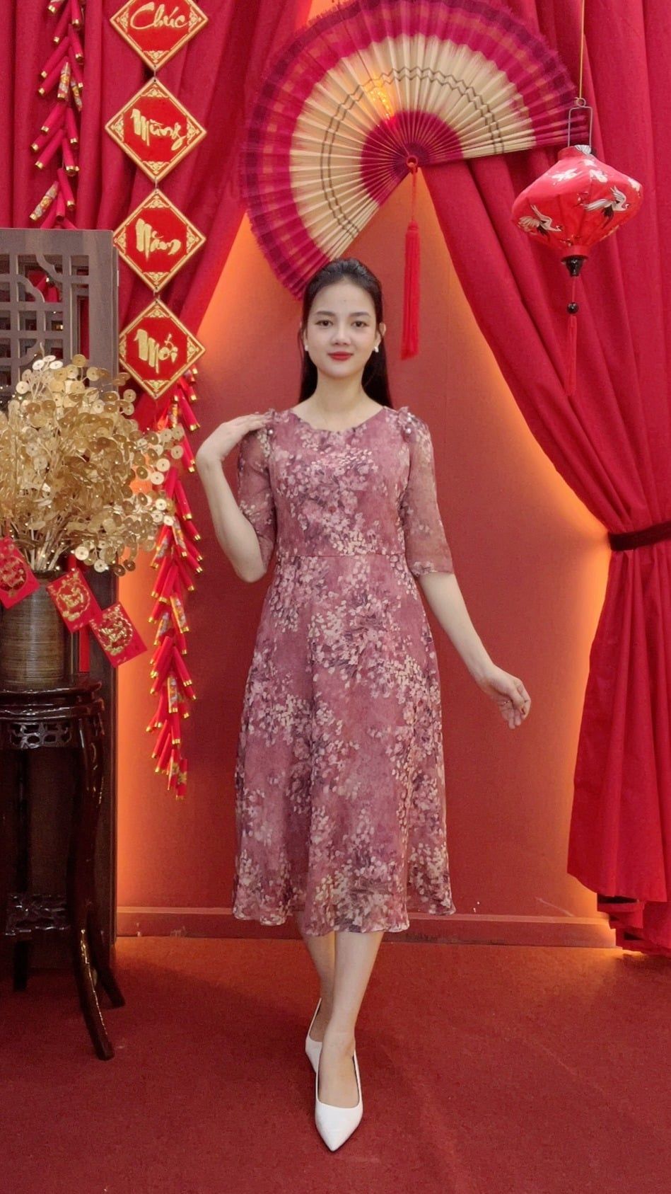 Đầm xòe - Cổ tròn tay lỡ kết ngọc - CV - Hồng ruốc hoa - TTV2030