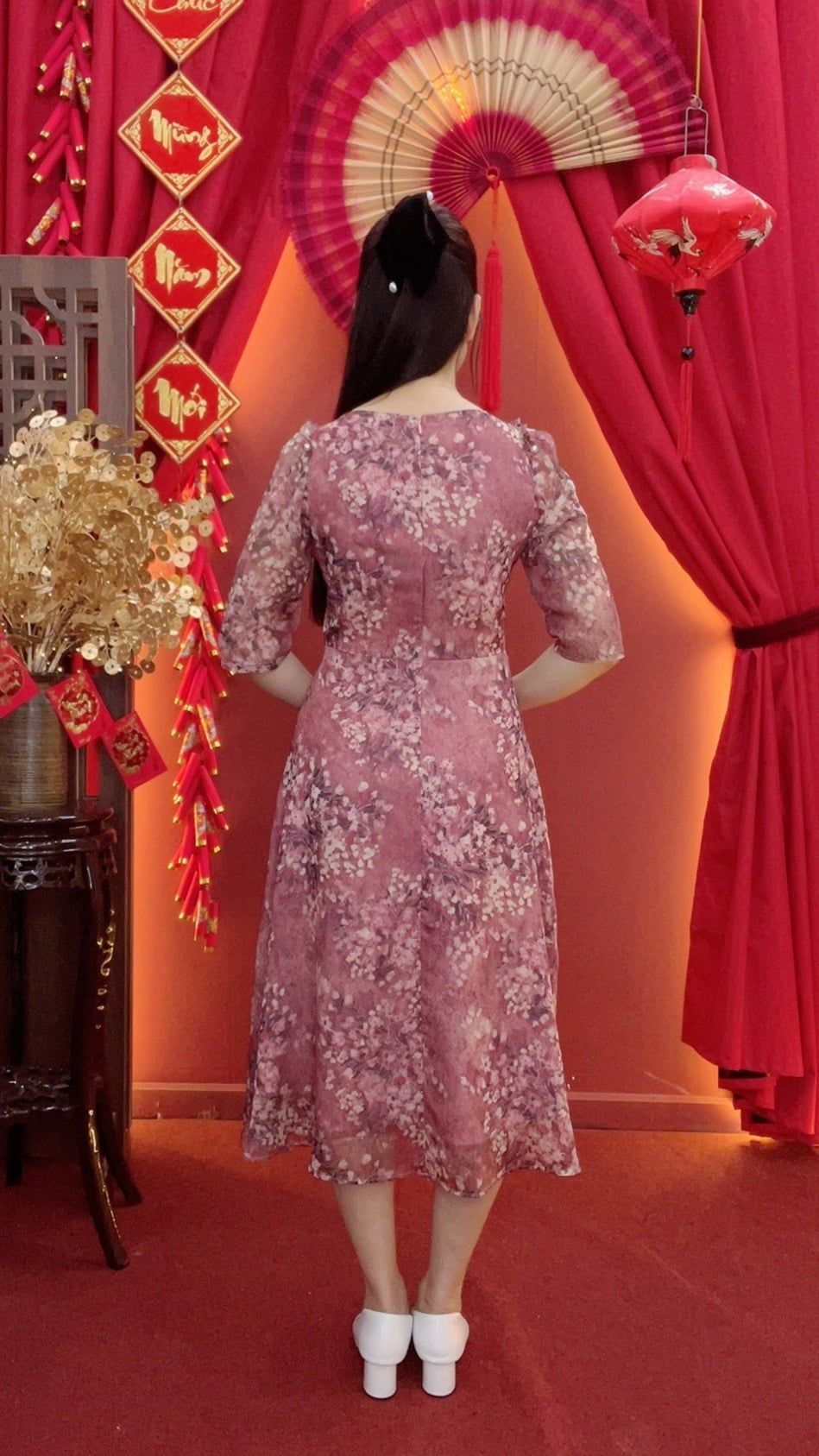 Đầm xòe - Cổ tròn tay lỡ kết ngọc - CV - Hồng ruốc hoa - TTV2030