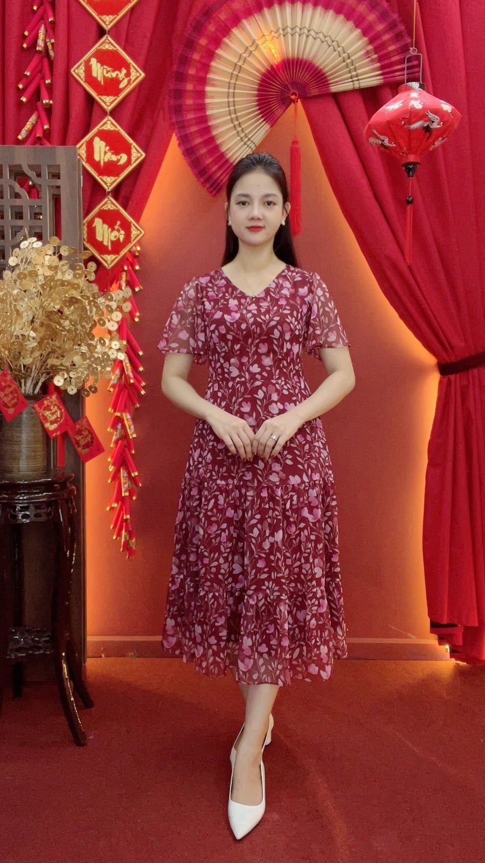 Đầm maxi - Cổ tim tay ngắn - CD - Đỏ hoa - TTV2031