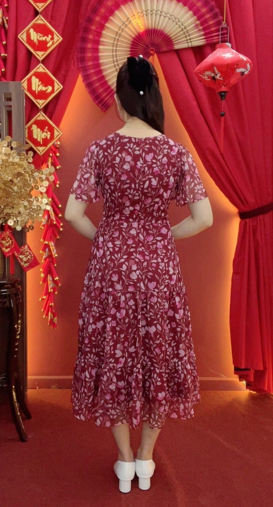 Đầm maxi - Cổ tim tay ngắn - CD - Đỏ hoa - TTV2031