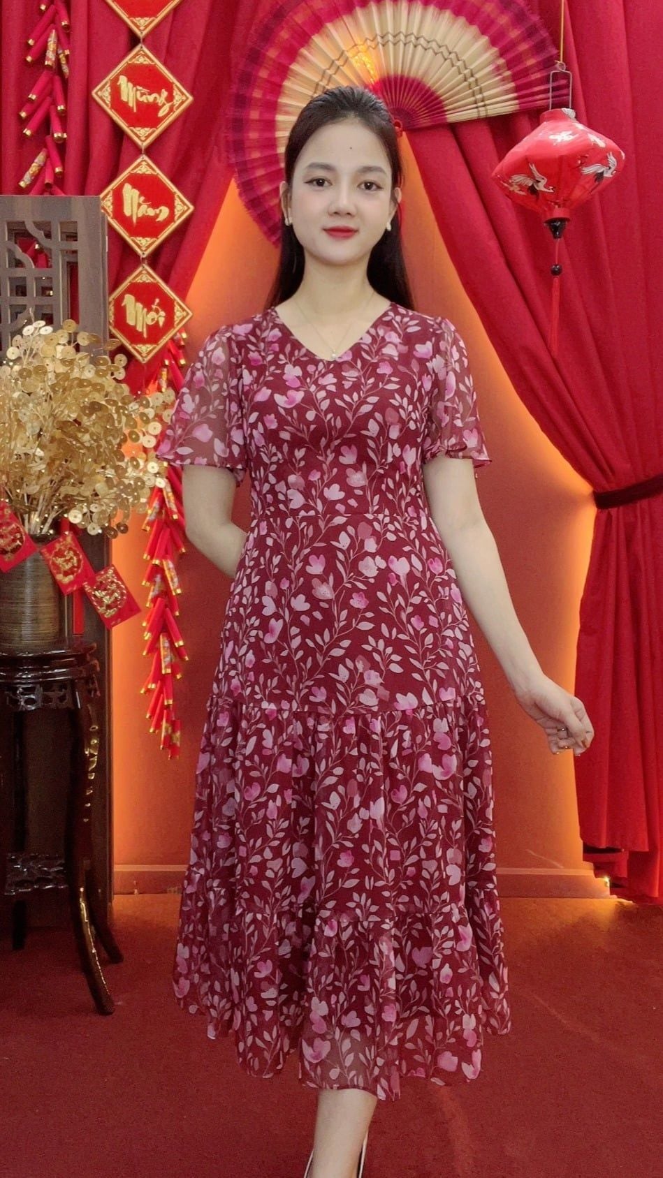 Đầm maxi - Cổ tim tay ngắn - CD - Đỏ hoa - TTV2031