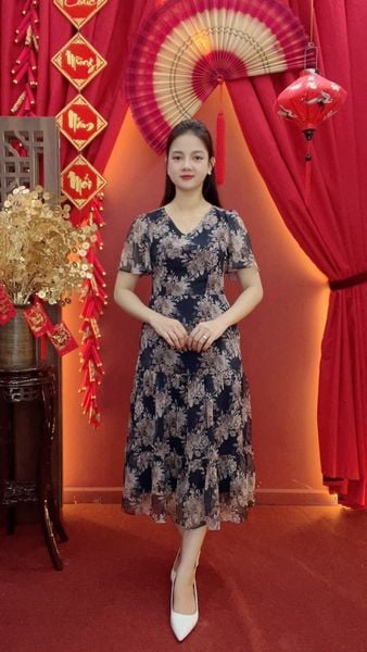 Đầm maxi - Cổ tim tay ngắn - CD - Xanh hoa - TTV2031