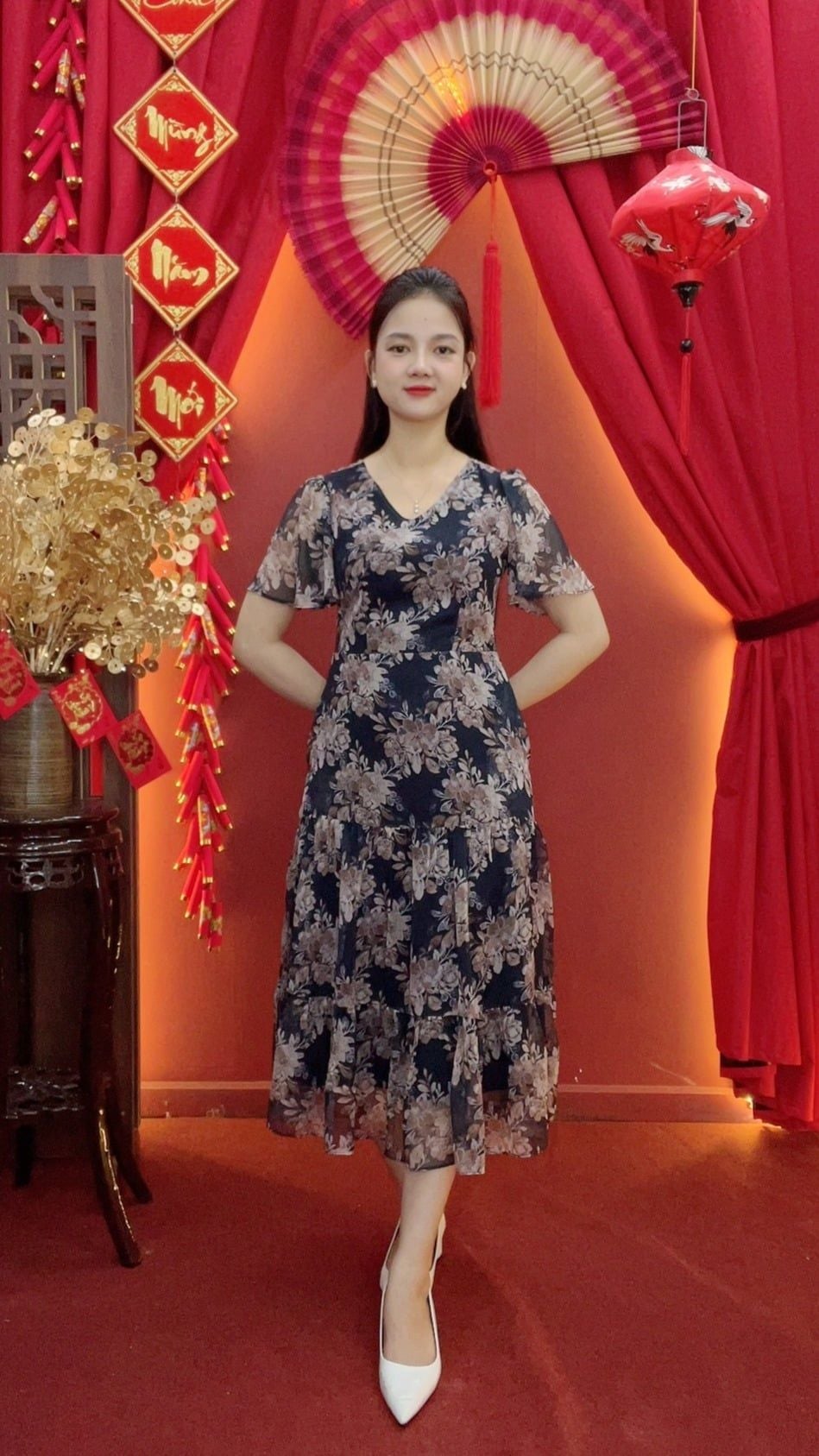 Đầm maxi - Cổ tim tay ngắn - CD - Xanh hoa - TTV2031