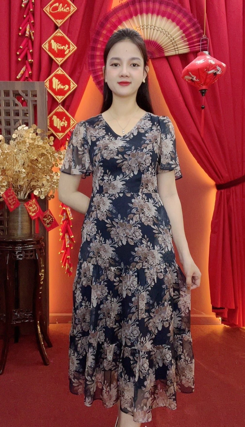 Đầm maxi - Cổ tim tay ngắn - CD - Xanh hoa - TTV2031