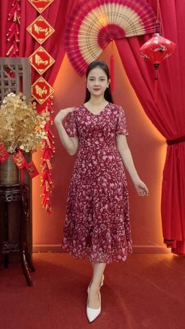 Đầm maxi - Cổ tim tay ngắn - CD - Đỏ hoa - TTV2031