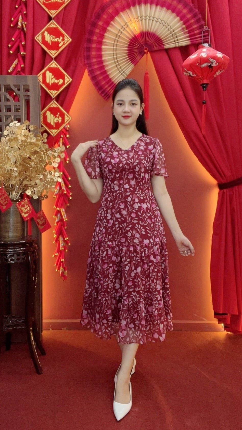 Đầm maxi - Cổ tim tay ngắn - CD - Đỏ hoa - TTV2031