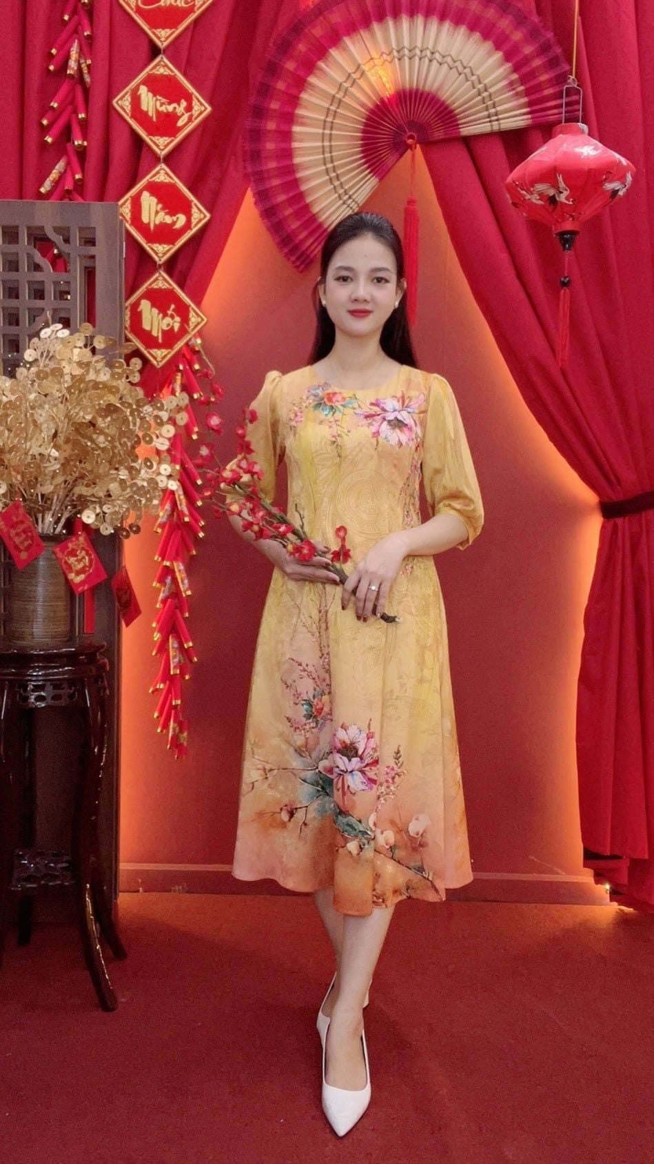 Đầm suông xòe - Cổ tròn tay lỡ - CD -Vàng hoa - TTV2034