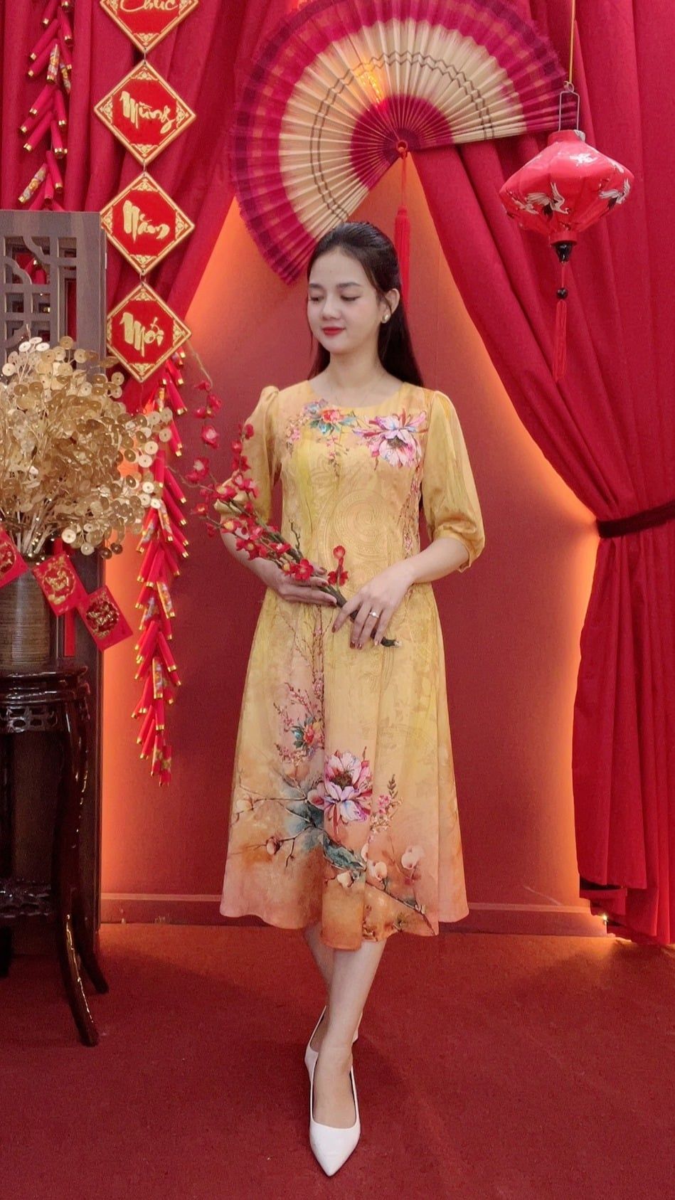 Đầm suông xòe - Cổ tròn tay lỡ - CD -Vàng hoa - TTV2034