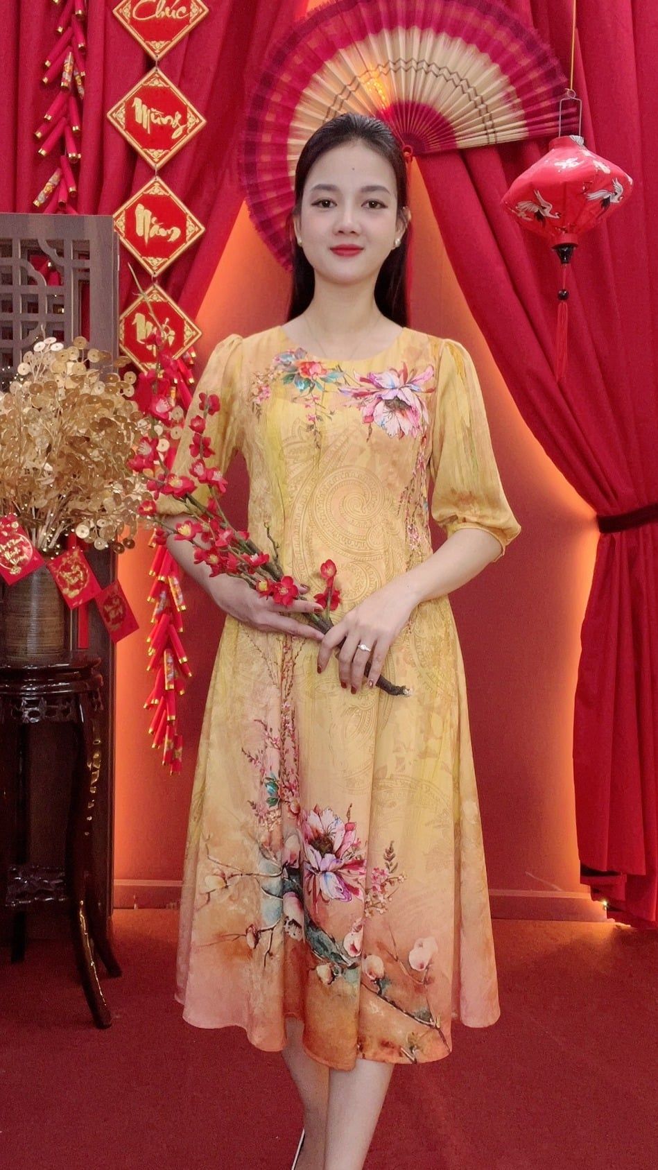 Đầm suông xòe - Cổ tròn tay lỡ - CD -Vàng hoa - TTV2034