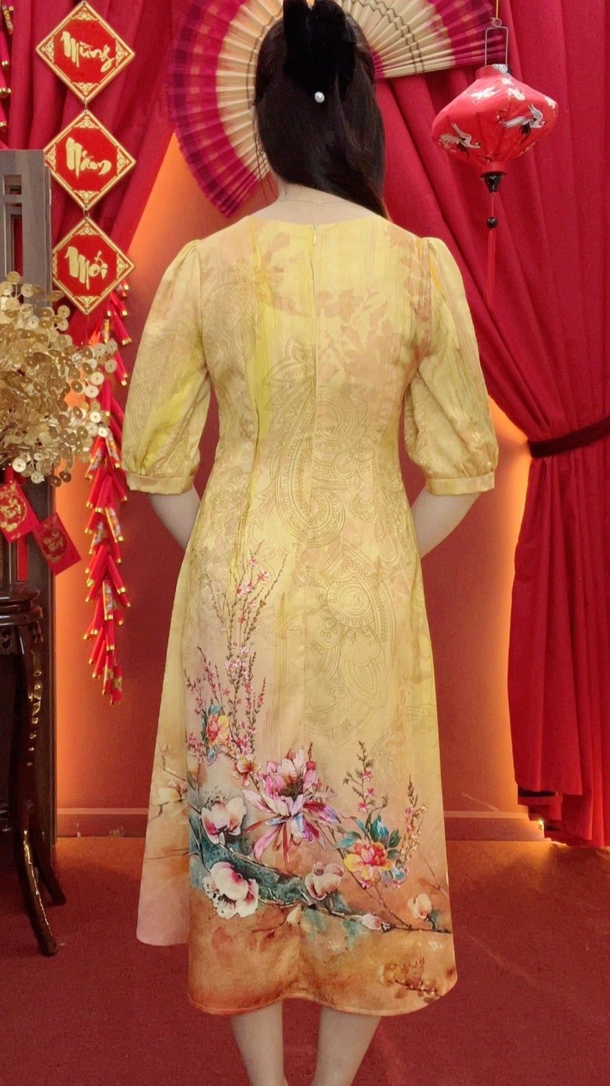 Đầm suông xòe - Cổ tròn tay lỡ - CD -Vàng hoa - TTV2034