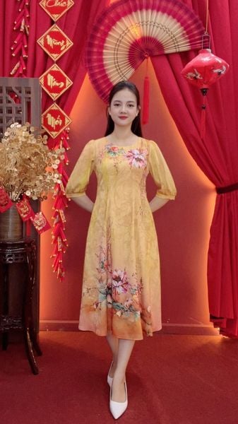 Đầm suông xòe - Cổ tròn tay lỡ - CD -Vàng hoa - TTV2034