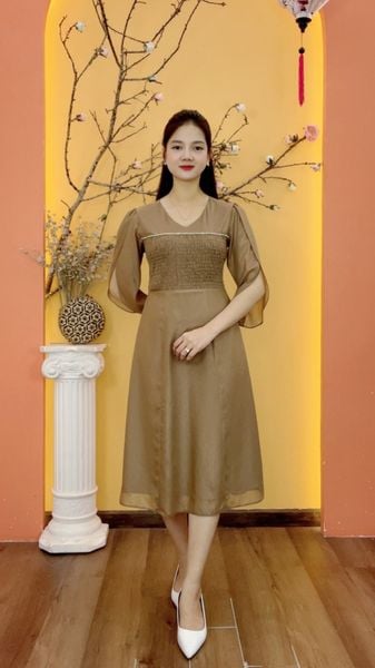 Đầm xòe - Cổ tim kết dây đá tay cánh hồng - CV - Nâu cafe - TTV2036