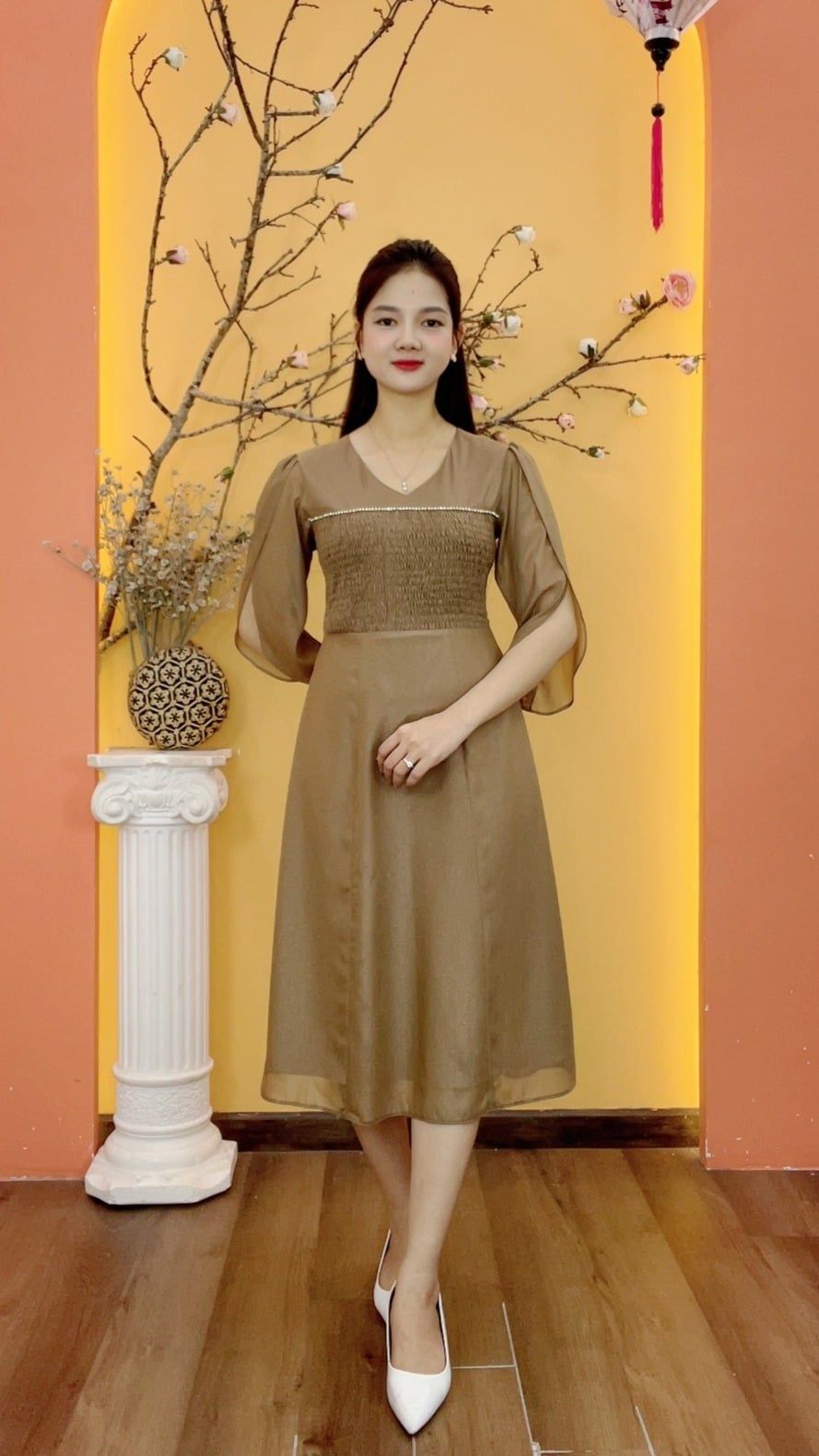 Đầm xòe - Cổ tim kết dây đá tay cánh hồng - CV - Nâu cafe - TTV2036