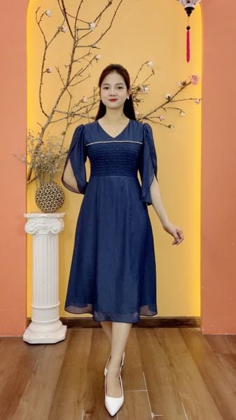 Đầm xòe - Cổ tim kết dây đá tay cánh hồng - CV - Xanh navy - TTV2036