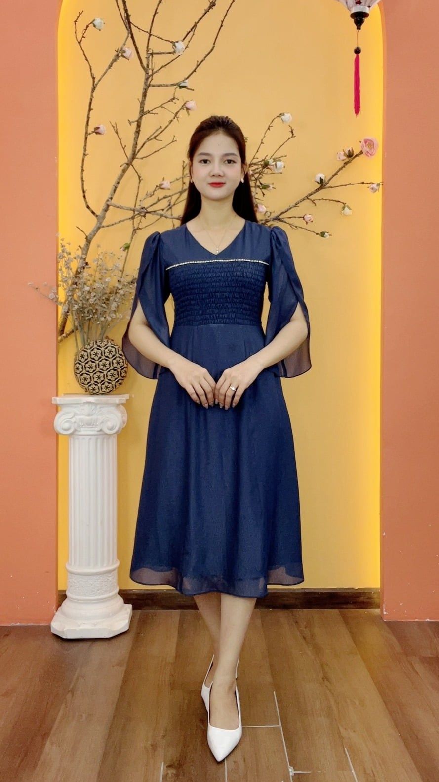 Đầm xòe - Cổ tim kết dây đá tay cánh hồng - CV - Xanh navy - TTV2036