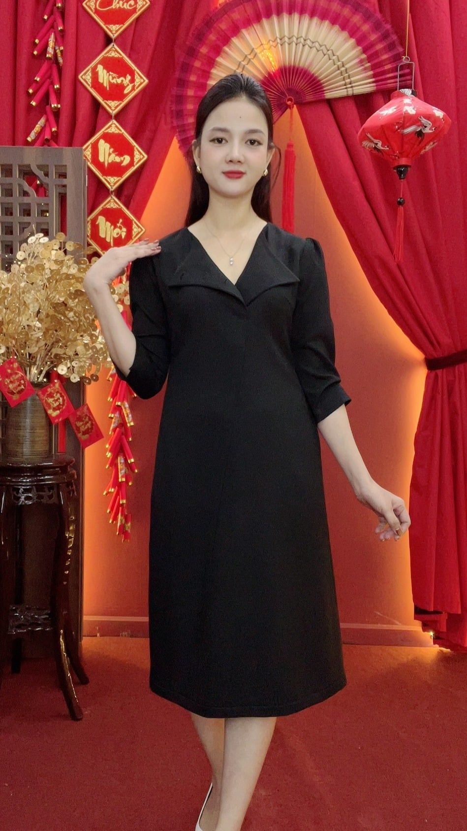 Đầm suông - Cổ tròn kết nút tay lỡ - CD - Đen - TTV2037