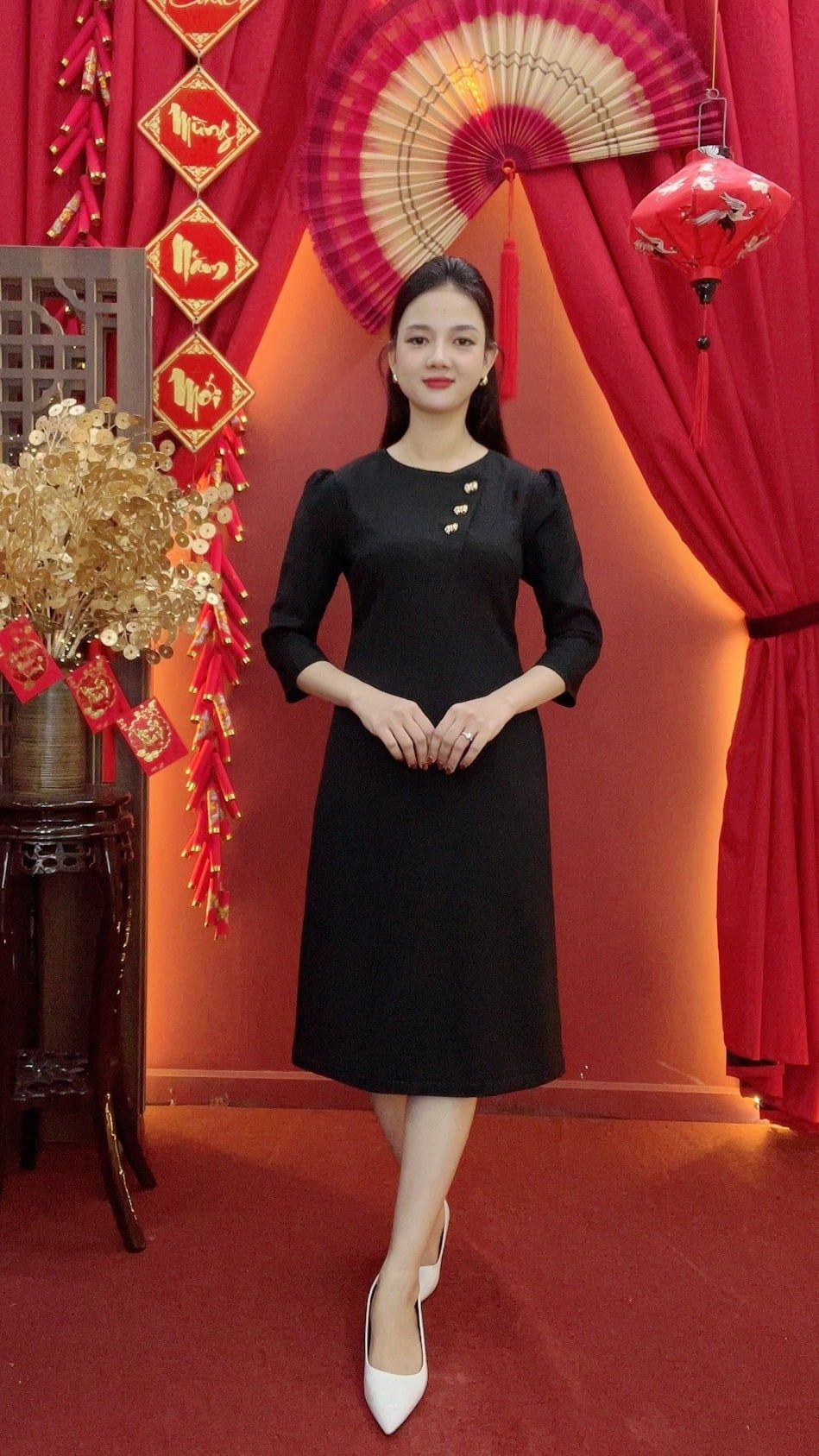 Đầm suông - Cổ tròn kết nút tay lỡ - CD - Đen - TTV2037