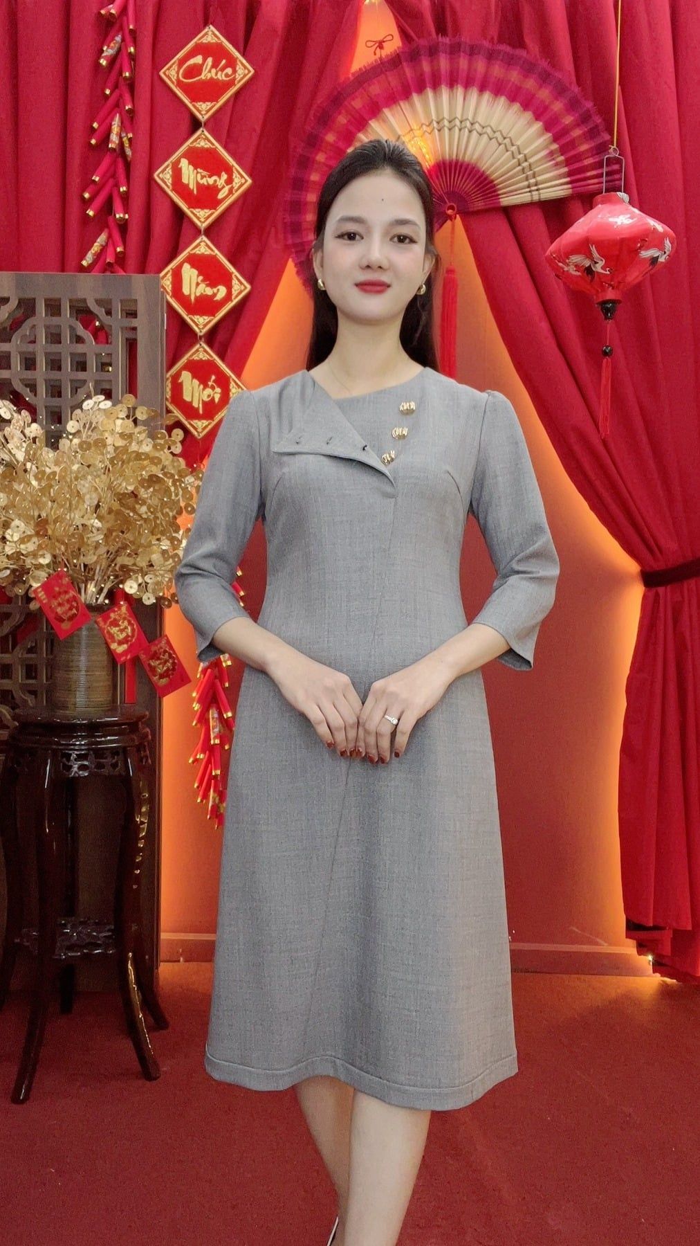 Đầm suông - Cổ tròn kết nút tay lỡ - CD - Xám ghi - TTV2037