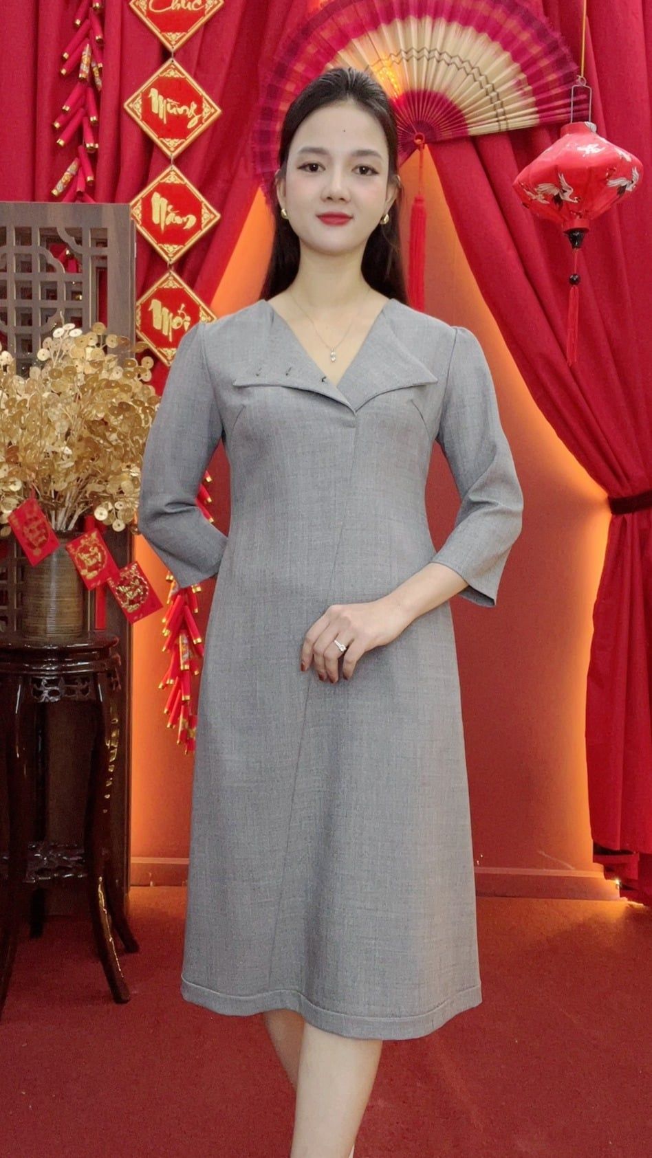 Đầm suông - Cổ tròn kết nút tay lỡ - CD - Xám ghi - TTV2037