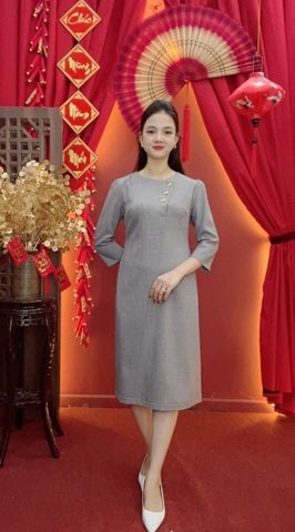 Đầm suông - Cổ tròn kết nút tay lỡ - CD - Xám ghi - TTV2037