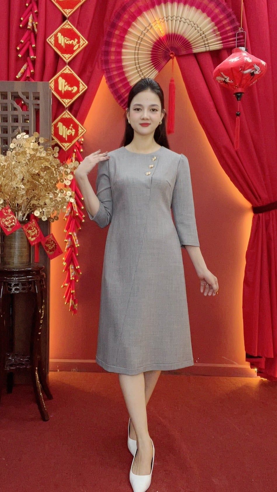 Đầm suông - Cổ tròn kết nút tay lỡ - CD - Xám ghi - TTV2037