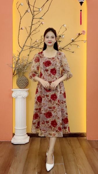 Đầm xòe 8 mảnh - Cổ vuông tim tay lỡ - AH - Đỏ hoa - TTV2038