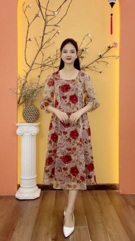 Đầm xòe 8 mảnh - Cổ vuông tim tay lỡ - AH - Đỏ hoa - TTV2038