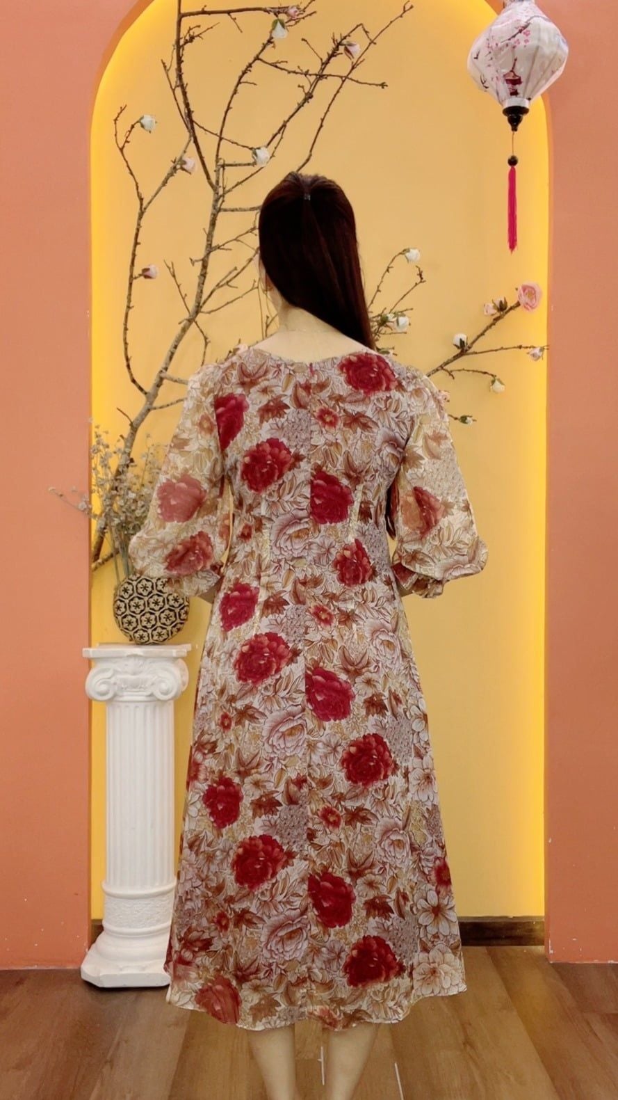 Đầm xòe 8 mảnh - Cổ vuông tim tay lỡ - AH - Đỏ hoa - TTV2038