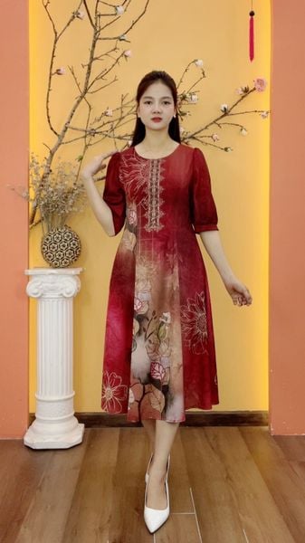 Đầm suông xòe - Cổ tròn tay lỡ - Đỏ hoa - TTV2041
