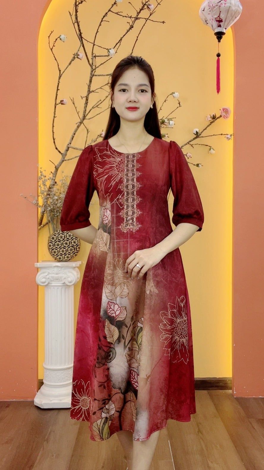 Đầm suông xòe - Cổ tròn tay lỡ - Đỏ hoa - TTV2041