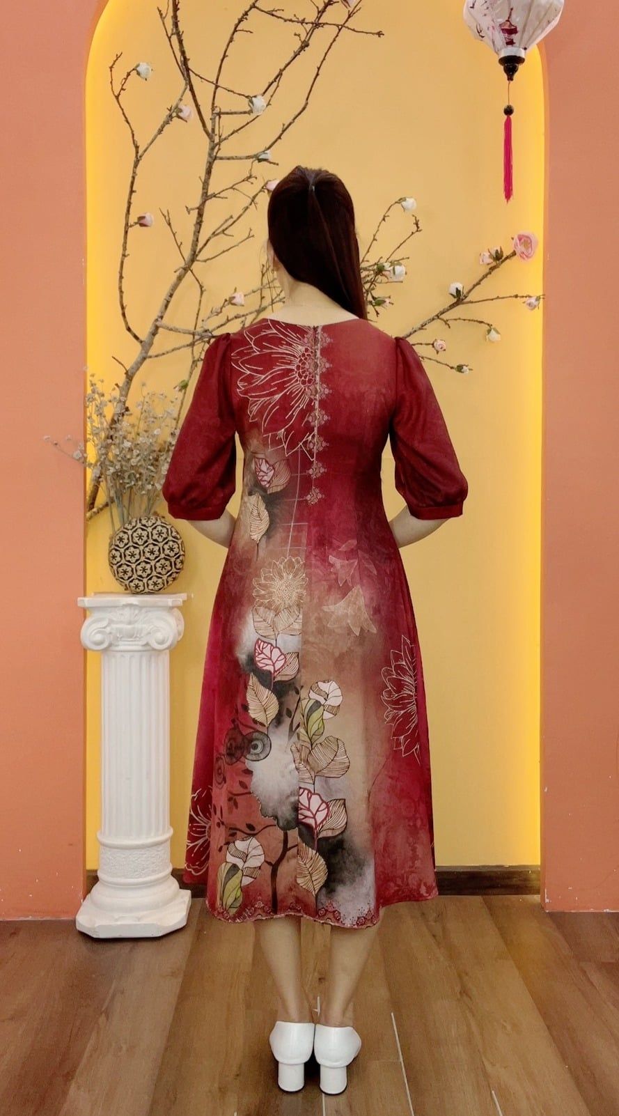 Đầm suông xòe - Cổ tròn tay lỡ - Đỏ hoa - TTV2041