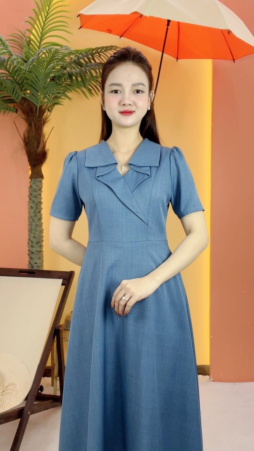 Đầm xòe - Cổ V tay ngắn - CV - Xanh - TTV2046