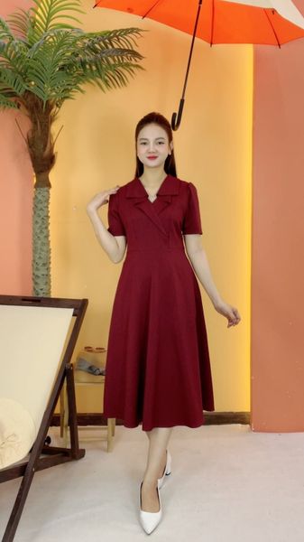 Đầm xòe - Cổ V tay ngắn - CV - Đỏ đô - TTV2046