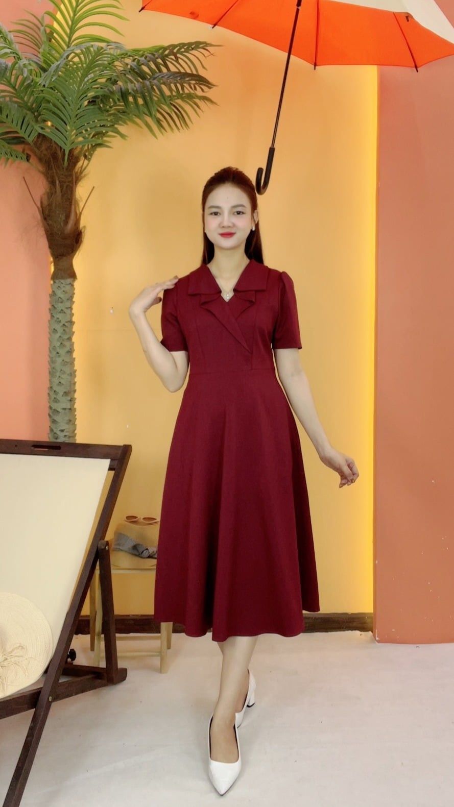 Đầm xòe - Cổ V tay ngắn - CV - Đỏ đô - TTV2046