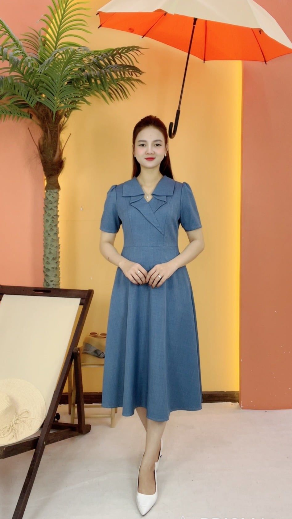 Đầm xòe - Cổ V tay ngắn - CV - Xanh - TTV2046