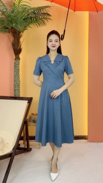 Đầm xòe - Cổ V tay ngắn - CV - Xanh - TTV2046