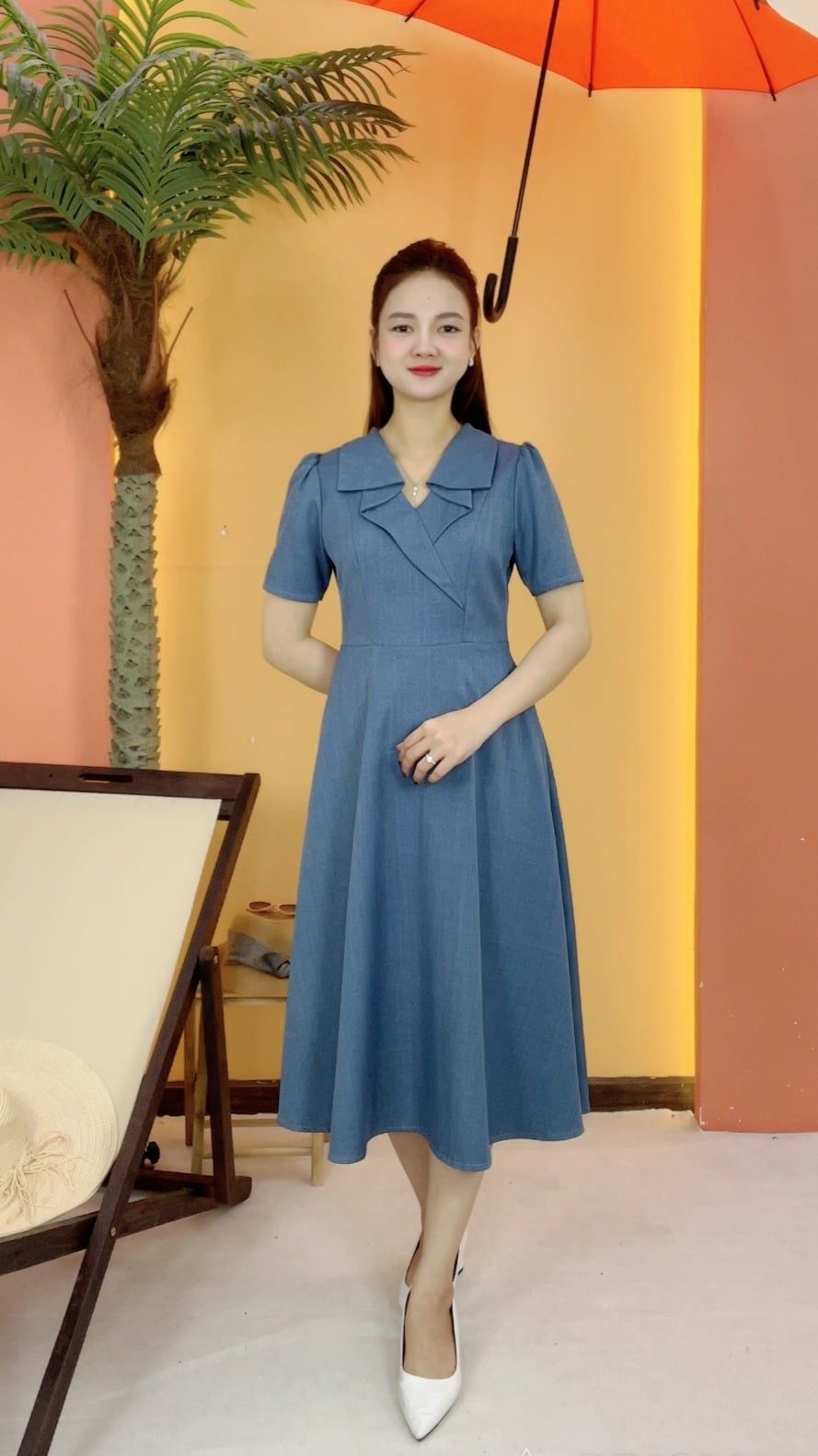 Đầm xòe - Cổ V tay ngắn - CV - Xanh - TTV2046