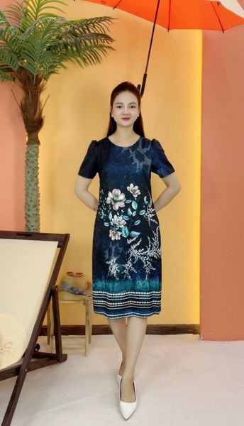 Đầm suông - Cổ tròn tay ngắn - Xanh hoa họa tiết - TTV2051