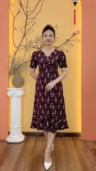 Đầm form A - Cổ tim kết nút tay ngắn - AH - Đỏ rượu hoa - TTV1975