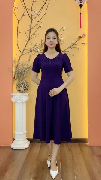 Đầm xòe - Cổ vuông tim xếp li tay ngắn - CV - Tím huế - TTV1980