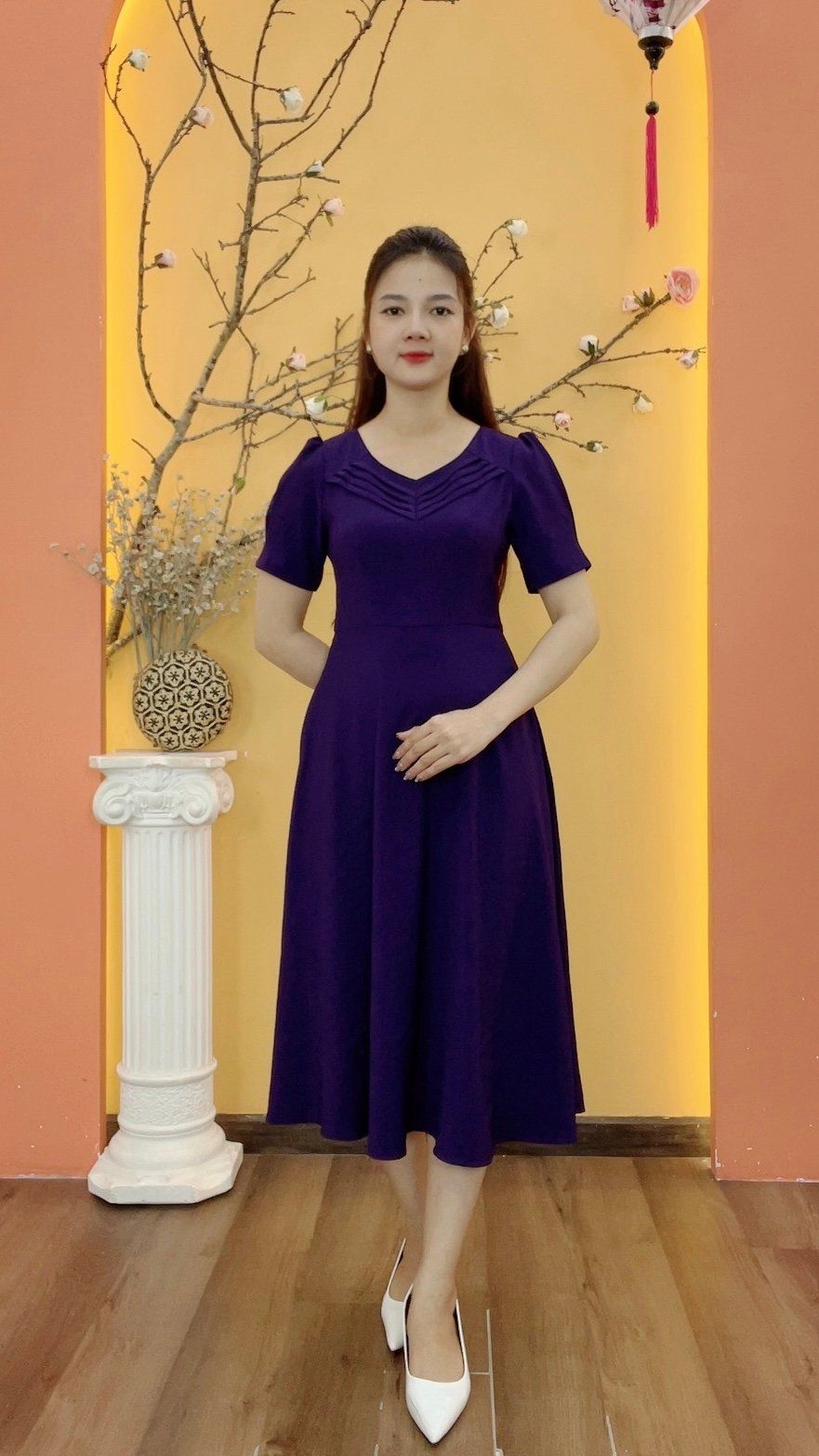 Đầm xòe - Cổ vuông tim xếp li tay ngắn - CV - Tím huế - TTV1980