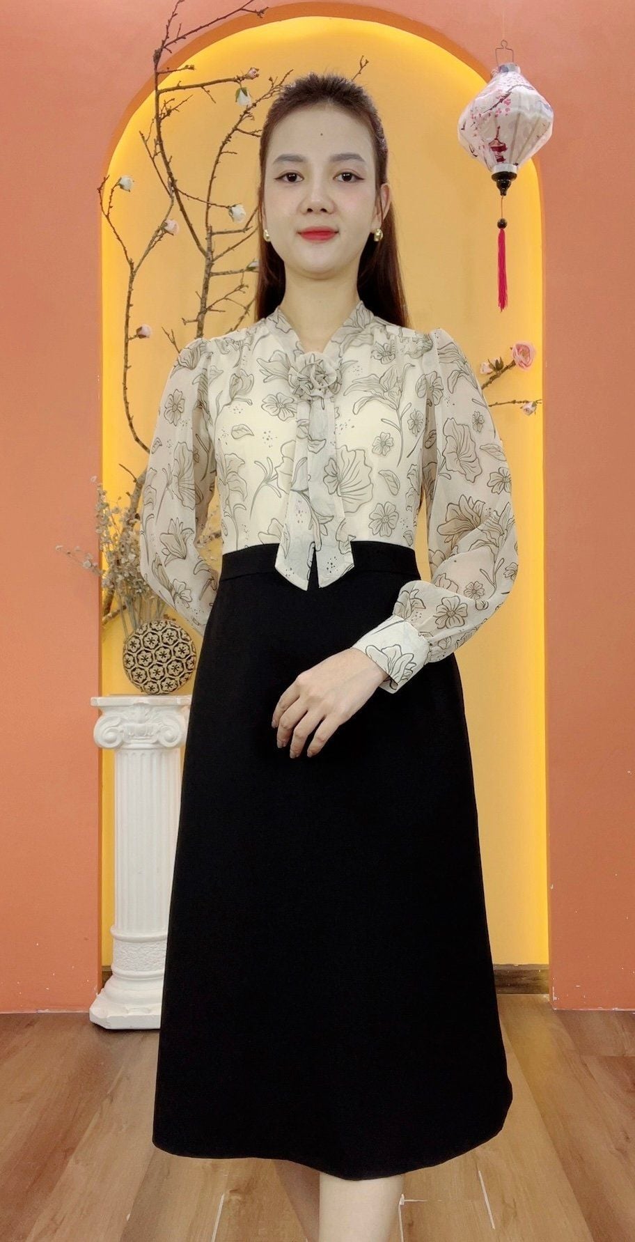 Đầm form A - Cổ V tay dài - CV - Kem hoa -  TTV1931#