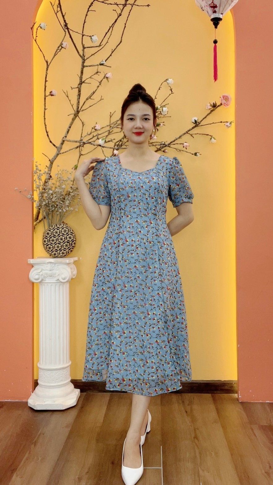 Đầm xòe 8 mảnh - Cổ vuông tim tay ngắn - AH - Xanh hoa - TTV1967