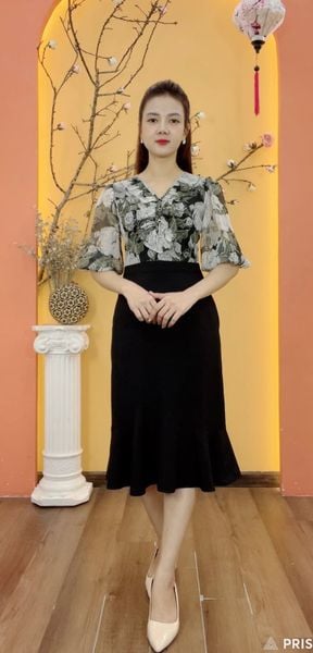 Đầm body đuôi cá - Cổ tim bèo kết nút tay lỡ - AH - Xanh rêu hoa - TTV1927