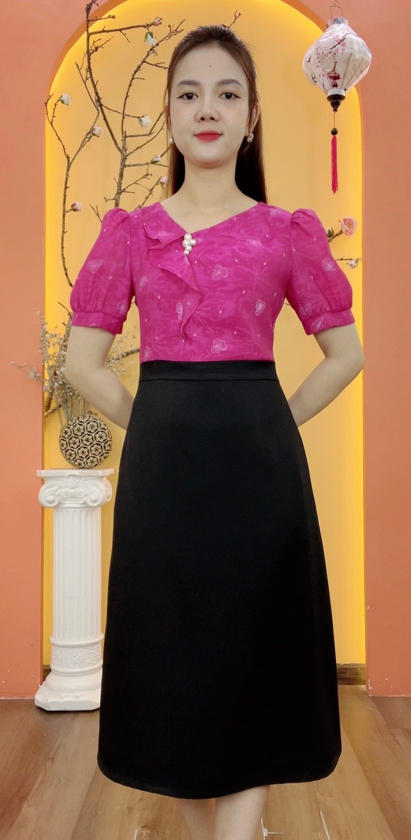 Đầm Form A - Cổ tim lệch kết ngọc tay ngắn - CD - Hồng sen - TTV1937