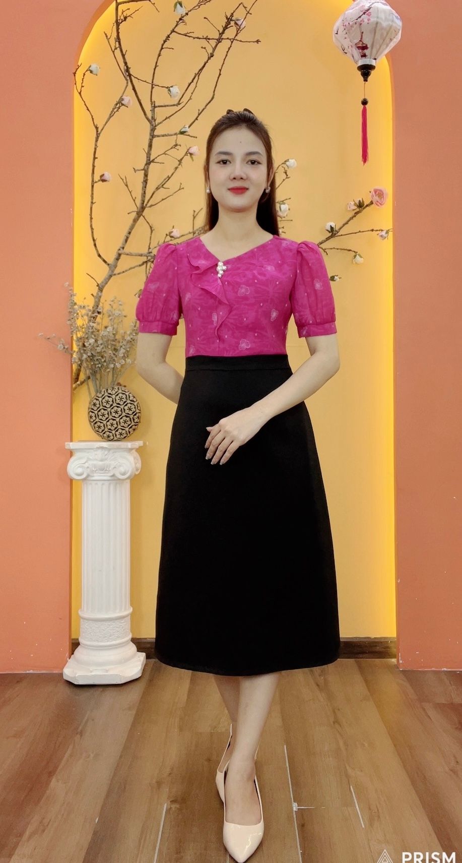 Đầm Form A - Cổ tim lệch kết ngọc tay ngắn - CD - Hồng sen - TTV1937