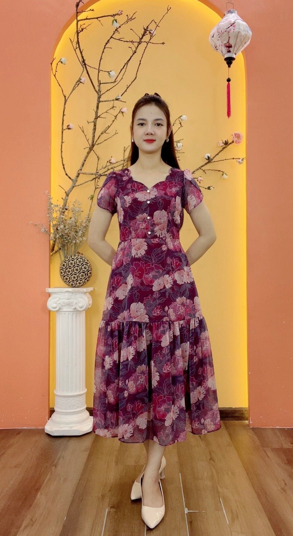 Đầm maxi - Cổ tim sóng nước kết nút tay ngắn - CT - Đỏ rượu hoa - TTV1936